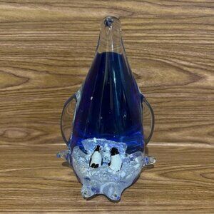 Vintage Art Glass Penguin Murano Style Cobalt Blue Clear and White  figurine